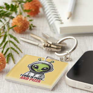 Cute Alien Astronaut "I Come in Peace and Pizza" Keychain