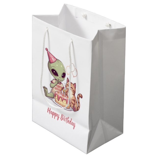 Cute Alien Birthday Party Design Medium Gift Bag (Front Angled)