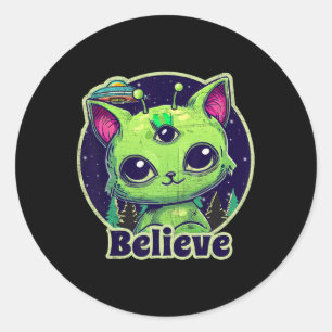 Cute Alien Cat Belive In Ufo Kawaii Classic Round Sticker