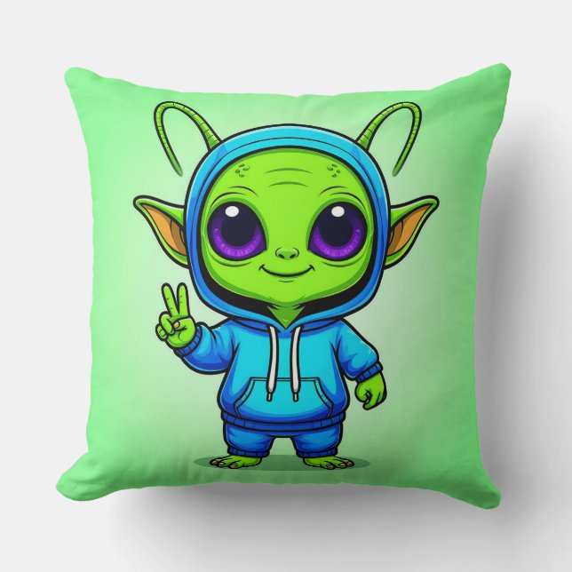 Cute Alien Character Posing in Colorful Outfit Throw Pillow (Front)