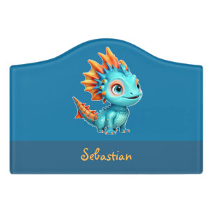 Cute Alien Dragon, turquoise - Door Sign