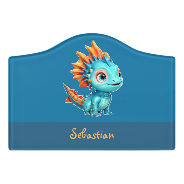 Cute Alien Dragon, turquoise - Door Sign (Small Crest Front)