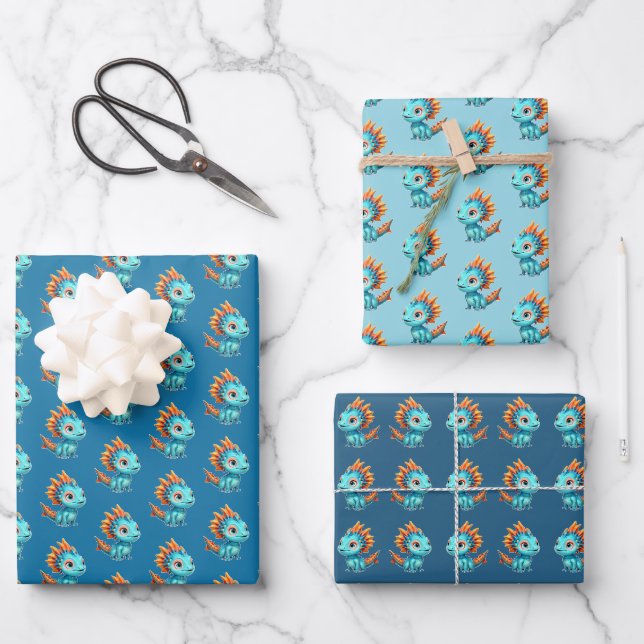 Cute Alien Dragon, Turquoise -  Wrapping Paper Sheets (Front)