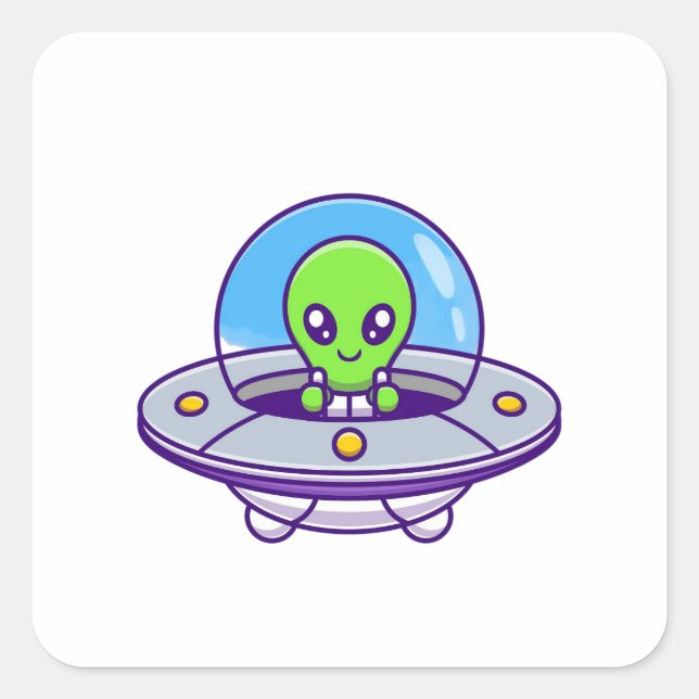 Cute Alien Flying in UFO Square Sticker (Front)