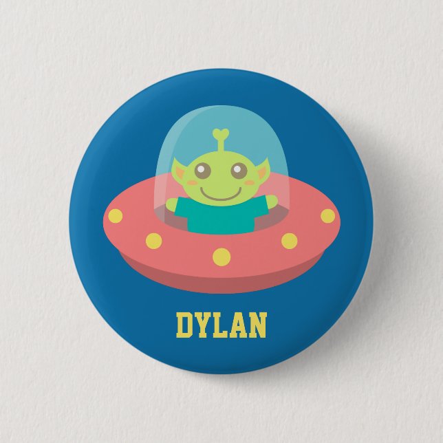 Cute Alien in Spaceship, Outer Space Button (Front)