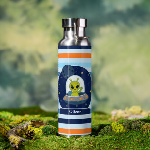 Cute Alien in UFO Outer Space Kids Name Water Bottle