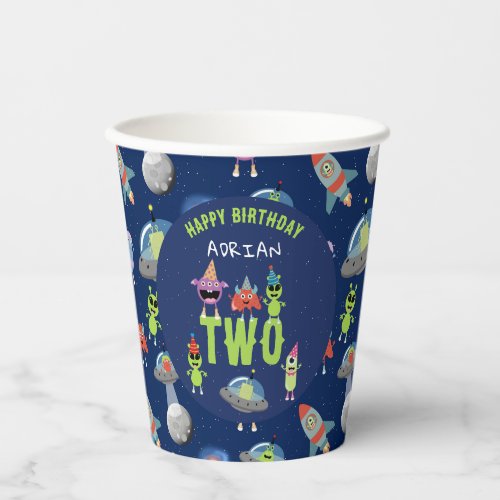 Cute Alien Monster Space Kids Birthday Name Age Paper Cups