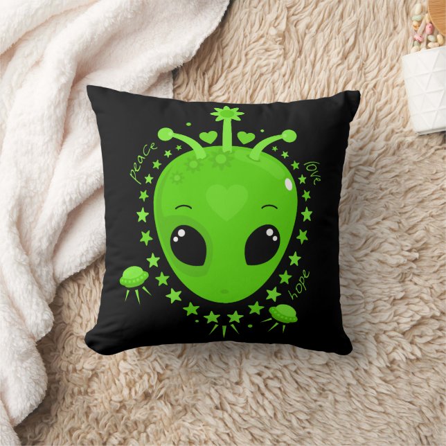 Cute Alien Peace Hope Love Fun Extraterrestrial Throw Pillow (Blanket)