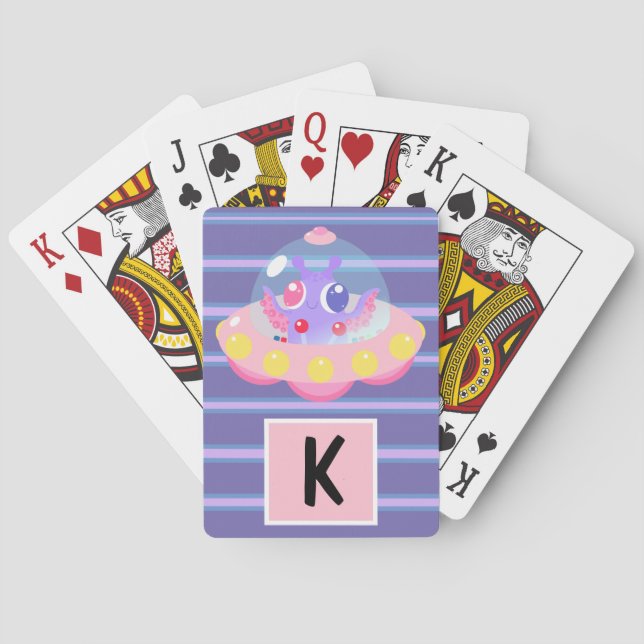 Cute Alien Purple Striped Poker Cards (Back)