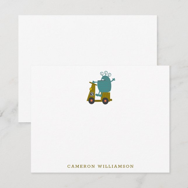 Cute Alien Racing Scooter Personalized Stationery Thank You Card (Front/Back)