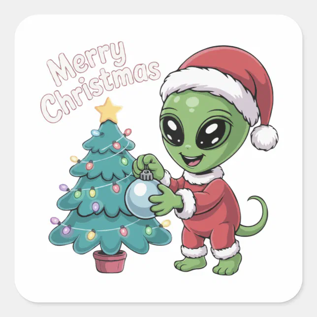 Cute Alien Santa Claus Funny Christmas Holiday Square Sticker | Zazzle