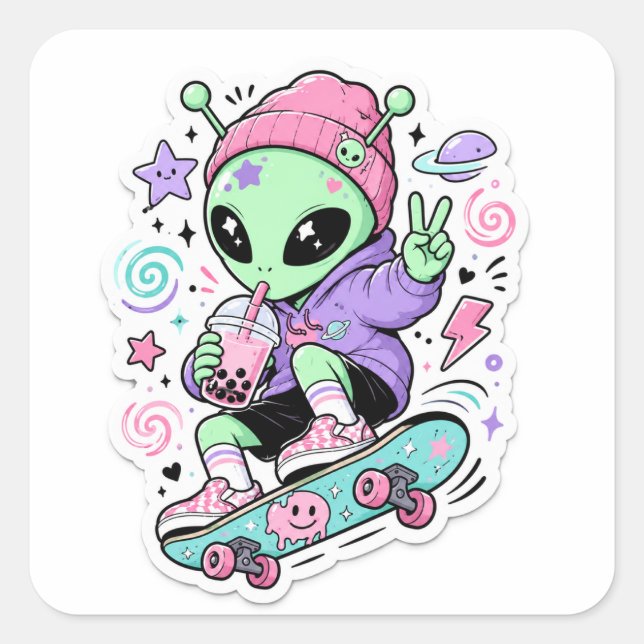 Cute Alien Skater design Square Sticker (Front)
