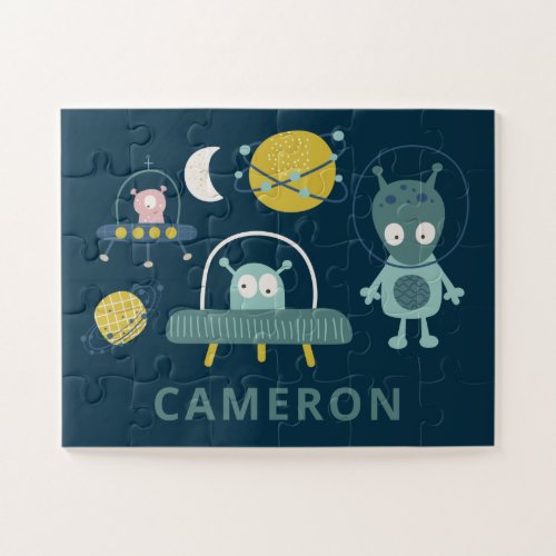 Cute Alien Space Planets Funny Blue Personalized Jigsaw Puzzle