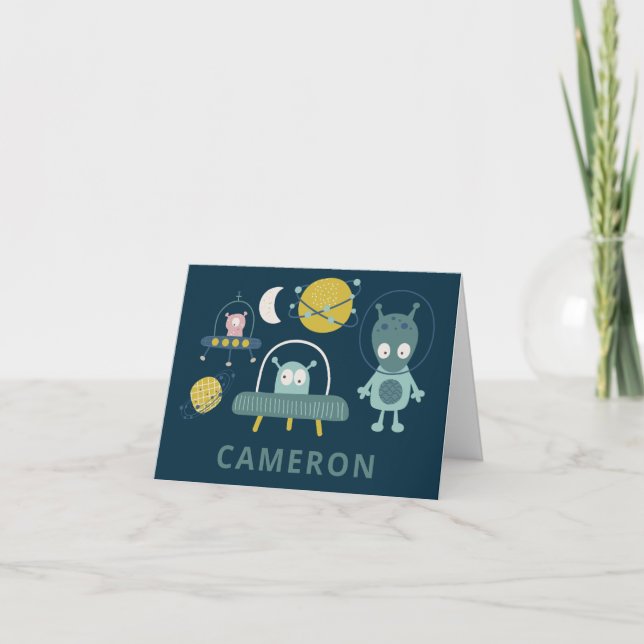 Cute Alien Space Planets Funny Blue Personalized Note Card (Front)