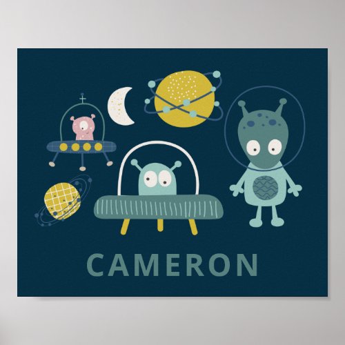 Cute Alien Space Planets Funny Blue Personalized Poster