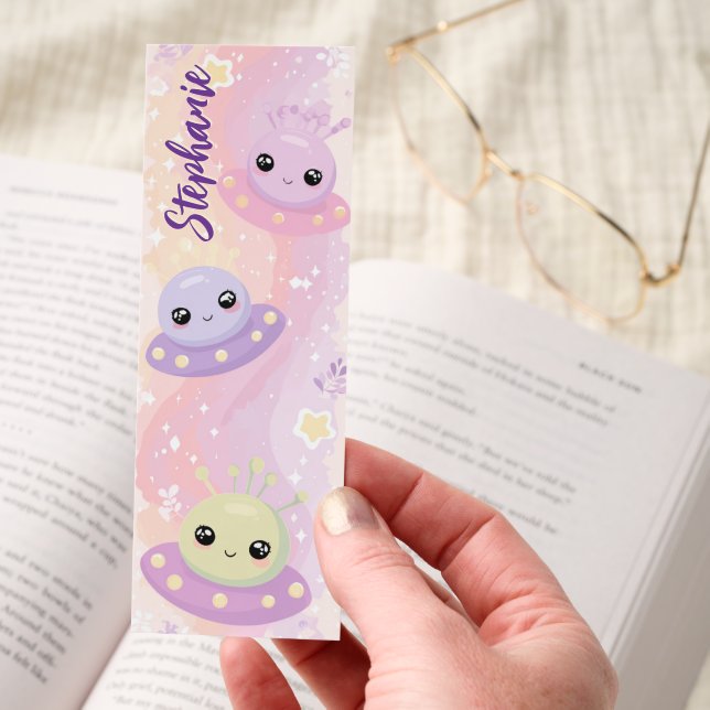 Cute Alien Spaceships Pastel Kawaii Personalized Bookmarks (Hand)