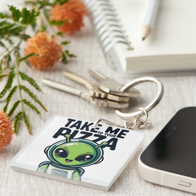 Cute Alien Take Me to Your Pizza Astronaut  Keychain (Front Right)