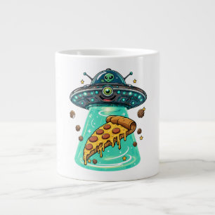 Cute Alien UFO Beaming Up Pizza Funny Cartoon Giant Coffee Mug