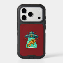 Cute Alien UFO Beaming Up Pizza Funny Cartoon