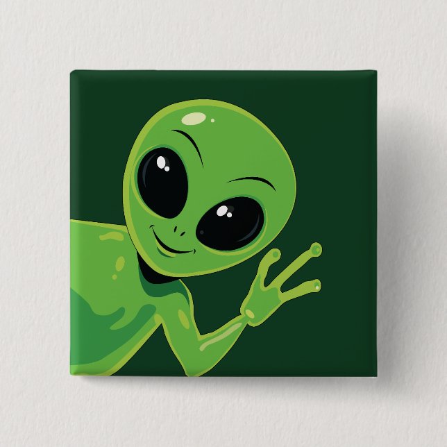 Cute Alien Waving Cartoon Extra-terrestrial Button (Front)