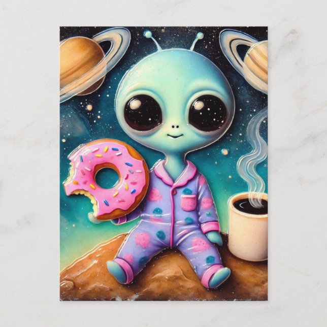 Cute Alien With Coffee and Donut in Space Postcard (Front)