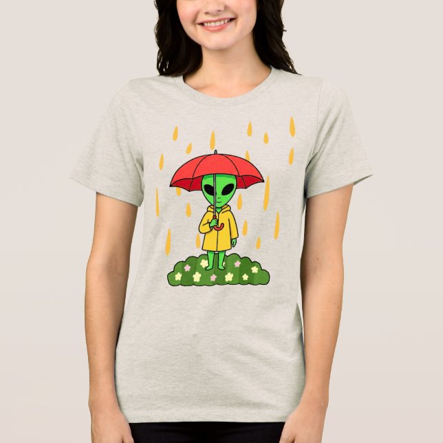 Cute Alien With Umbrella in Rain Space Character Tri-Blend Shirt (Front)