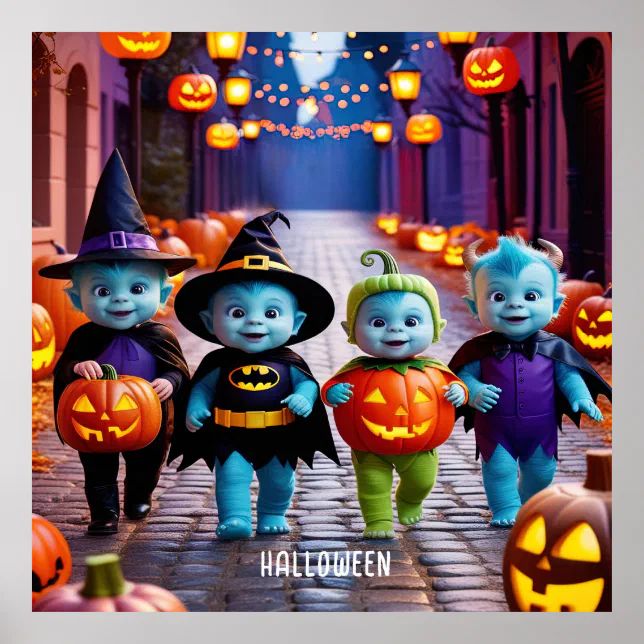 Cute Aliens Trick or Treaters Halloween Scene Poster | Zazzle