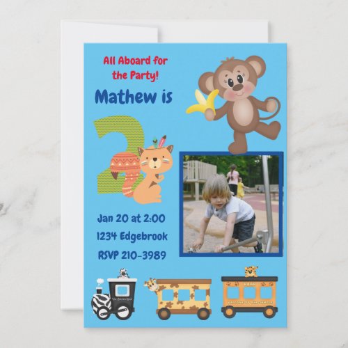 Cute All Aboard Jungle Theme 2nd Birthday Party Invitation