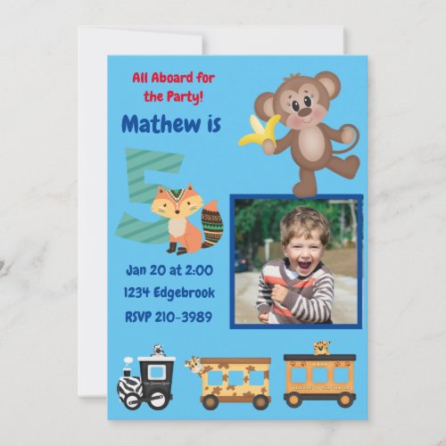 Cute All Aboard Jungle Theme 5th Birthday Party Invitation