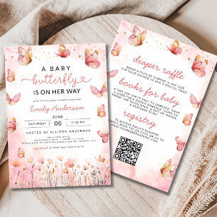 Cute All in One QR Code Girl Butterfly Baby Shower Invitation