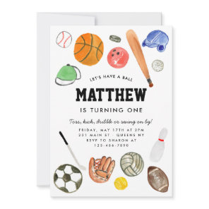 Cute All Star Sports Balls Team Kid Boy Birthday Invitation