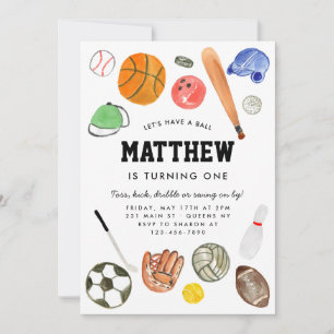 Cute All Star Sports Balls Team Kid Boy Birthday Invitation