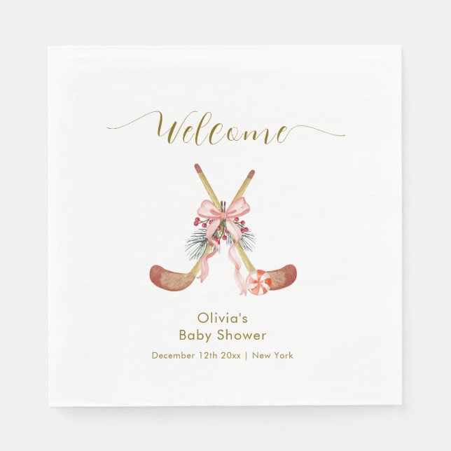 Cute All Stars Bow Hockey Girl Baby Shower Welcome Napkins (Front)