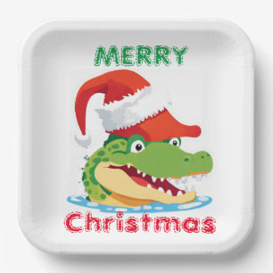 Cute alligator crocodile Christmas Safari Santa Paper Plates