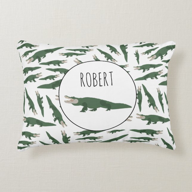Cute Alligator Crocodile Pattern Custom Name Accent Pillow (Front)