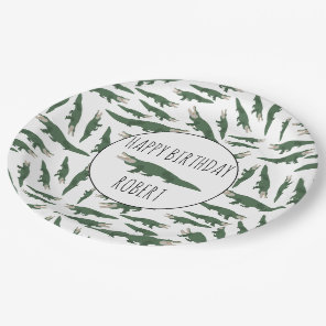 Cute Alligator Crocodile Pattern Custom Name Paper Plates