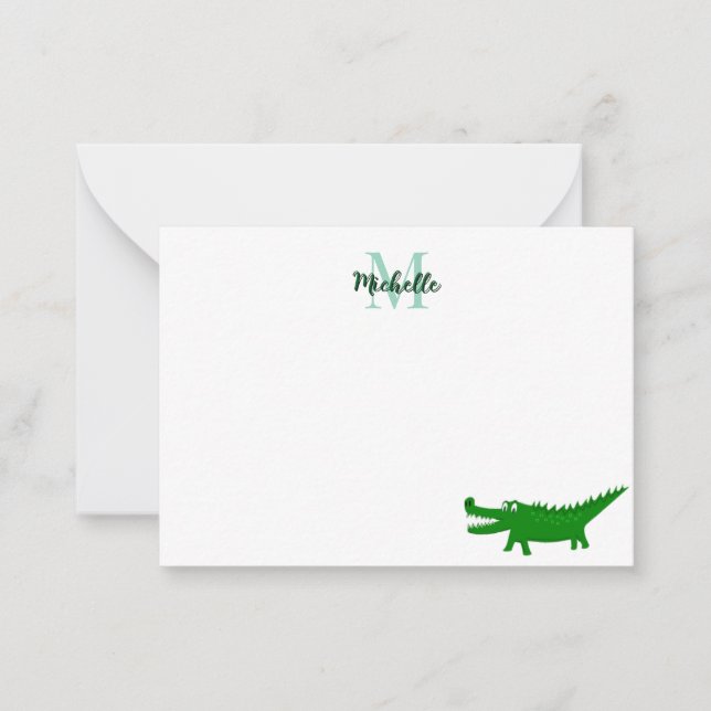 Cute Alligator Drawing Editable Monogram Note Card (Front)