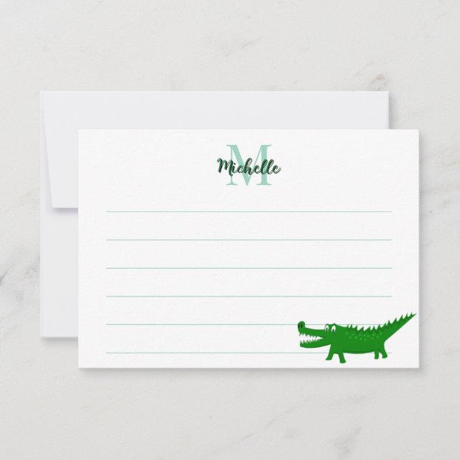  Cute Alligator Drawing Lined Monogram Custom Note Card (Front)