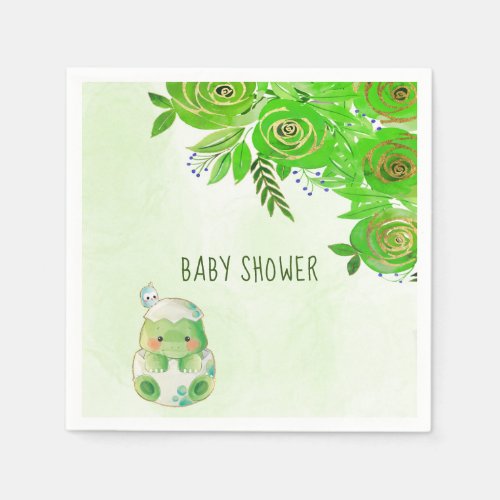 Cute Alligator Green Gold Flowers Baby Shower Napkins