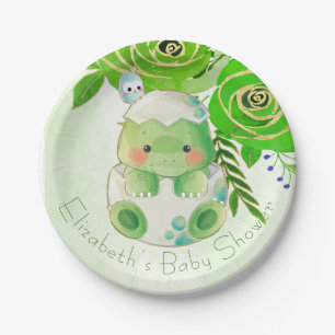 Cute Alligator Green Gold Flowers Baby Shower Paper Plates