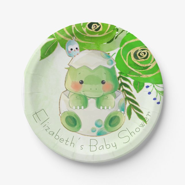 Cute Alligator Green Gold Flowers Baby Shower Paper Plates (Front)