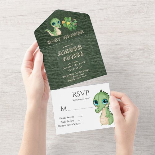 Cute Alligator Green Leather Cactus Baby Shower All In One Invitation