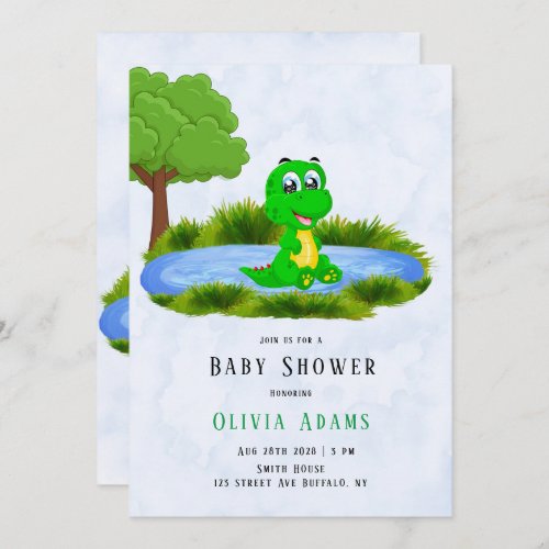  Cute Alligator in Pond Boy Baby Shower  Invitation