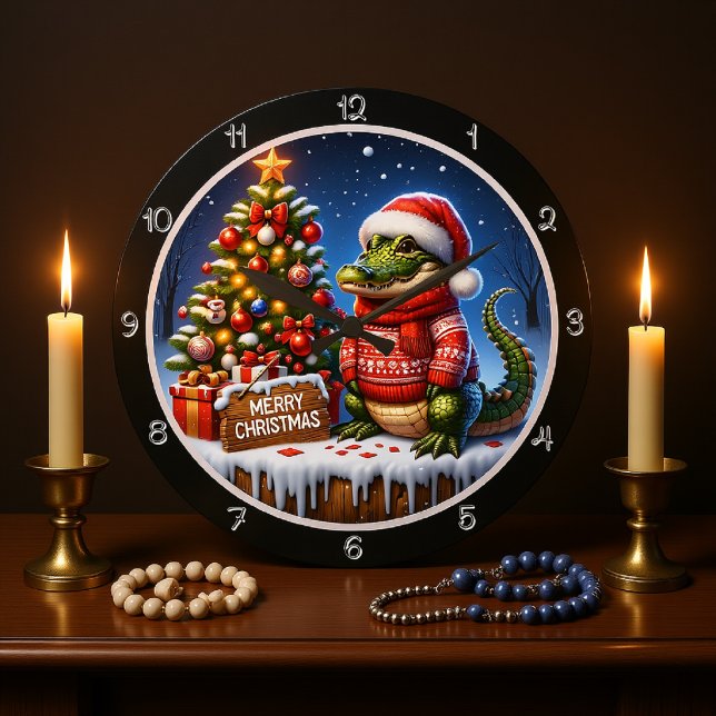 Cute Alligator Merry Christmas Graphic Large Clock (Creator Uploaded)