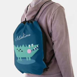 Cute Alligator Monogrammed Script Drawstring Bag