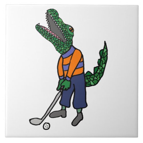 Cute Alligator Playing Golf Sports Cartoon Ceramic Tile