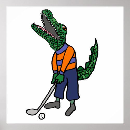 Cute Alligator Playing Golf Sports Cartoon Poster