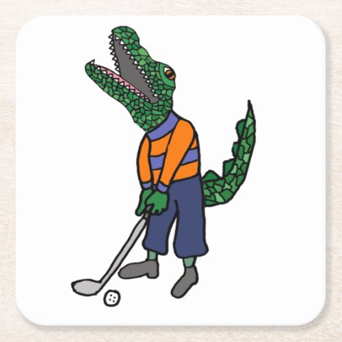 Cute Alligator Playing Golf Sports Cartoon Square Paper Coaster