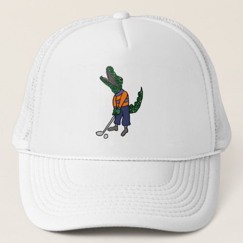Cute Alligator Playing Golf Sports Cartoon Trucker Hat