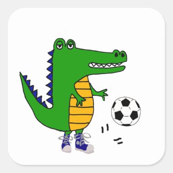 Cute Alligator Playing Soccer Or Football Cartoon Square Sticker by naturesmiles at Zazzle